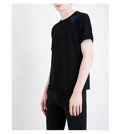 Shop Saint Laurent Logo-print Cotton-jersey T-shirt In Black Metallic Blue