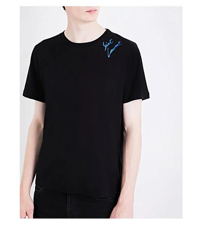 Shop Saint Laurent Logo-print Cotton-jersey T-shirt In Black Metallic Blue