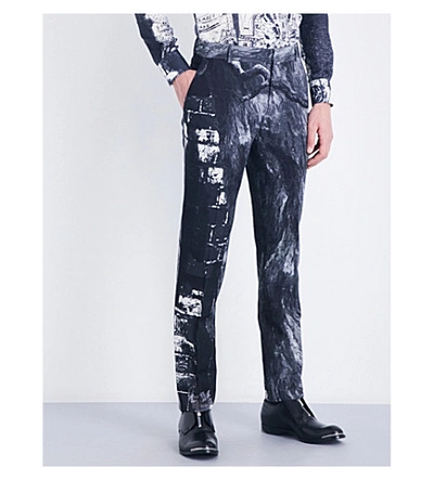 Alexander Mcqueen Raven Printed Straight Wool-blend Trousers In White/black