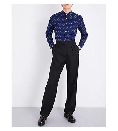 Shop Kenzo Eye Pattern Slim-fit Stretch-cotton Shirt In Navy Blue