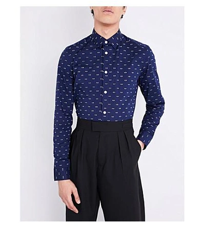 Shop Kenzo Eye Pattern Slim-fit Stretch-cotton Shirt In Navy Blue