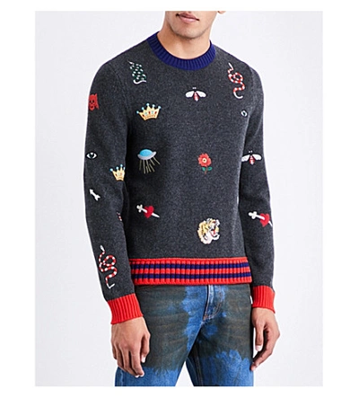 Shop Gucci Embroidered Wool Sweater In Dark Grey