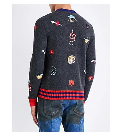 Shop Gucci Embroidered Wool Sweater In Dark Grey