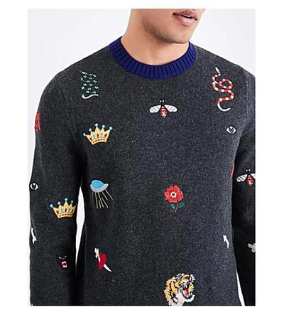 Shop Gucci Embroidered Wool Sweater In Dark Grey