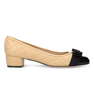 Ferragamo Vara Quilted Leather Heeled Courts In Blk/beige