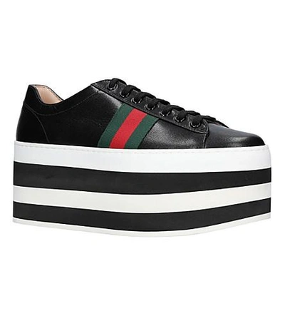 Shop Gucci Peggy Leather Platform Trainers In Blk/white