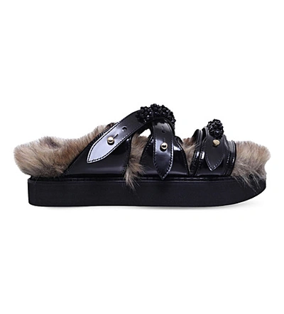 Simone Rocha Bead-embellished Faux-fur And Leather Sandals In Blk/brown