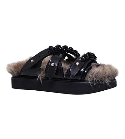 Shop Simone Rocha Bead-embellished Faux-fur And Leather Sandals In Blk/brown