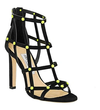 Shop Jimmy Choo Tina 100 Suede Heeled Sandals In Shocking Yellow