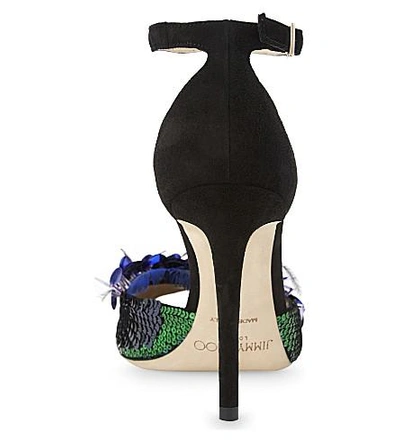 Shop Jimmy Choo Annie 100 Suede And Feather Heeled Sandals In Black/blue Mix