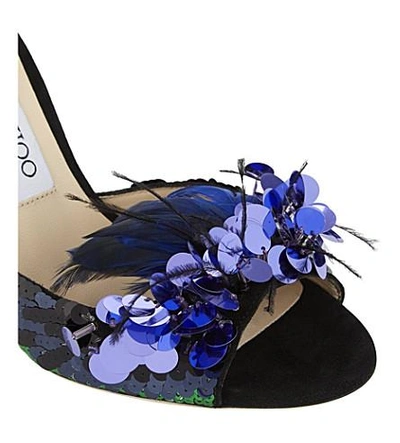 Shop Jimmy Choo Annie 100 Suede And Feather Heeled Sandals In Black/blue Mix