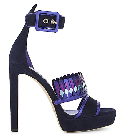 Shop Jimmy Choo Kathleen 130 Suede And Leather Platform Sandals In Navy Mix