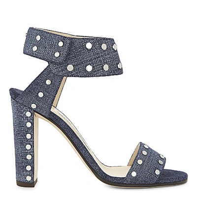 Shop Jimmy Choo Veto 100 Denim Leather Heeled Sandals In Light Indigo/silver