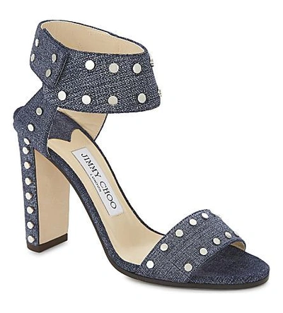 Shop Jimmy Choo Veto 100 Denim Leather Heeled Sandals In Light Indigo/silver