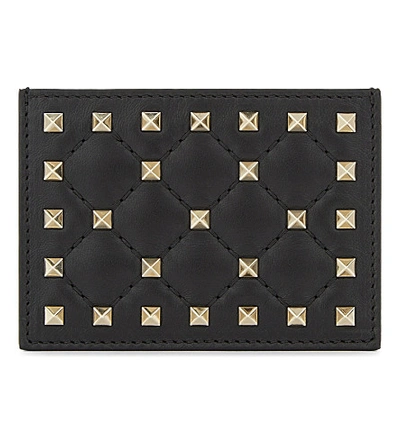 Shop Valentino Rockstud Quilted Leather Card Holder In Black