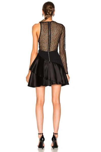 Shop David Koma One Sleeve Macrame Ruched Asymmetric Hem Dress In Black