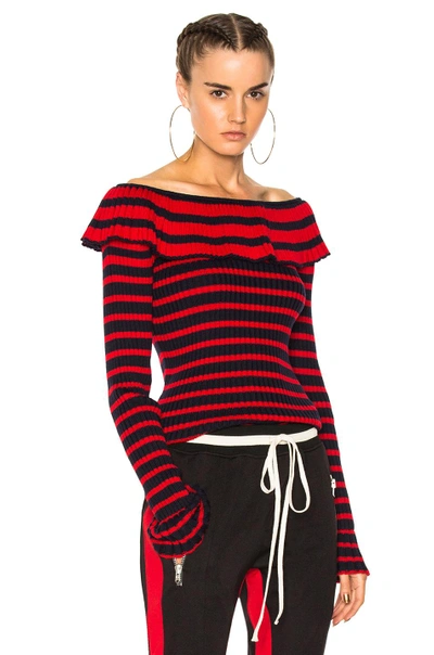Shop Msgm Off The Shoulder Ruffle Sweater In Blue,red,stripes