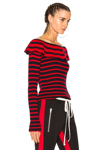 Shop Msgm Off The Shoulder Ruffle Sweater In Blue,red,stripes