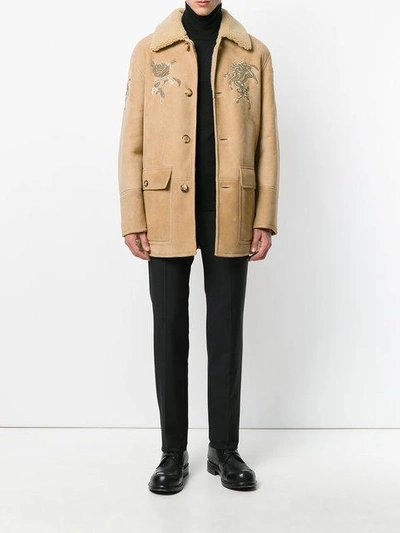 Shop Alexander Mcqueen Embroidered Shearling Coat In Brown