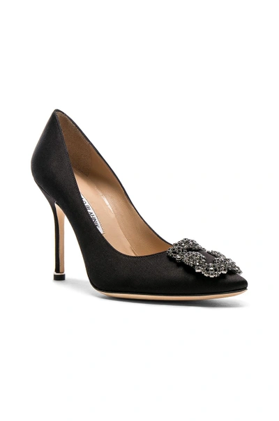 Manolo Blahnik Hangisi 90 Satin Pumps With Fmc Crystal Buckle In Black Satin
