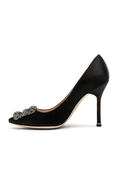 Manolo Blahnik Hangisi 90 Satin Pumps With Fmc Crystal Buckle In Black Satin