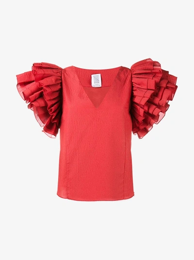 Shop Rosie Assoulin Maxi Ruffle Sleeve Blouse In Red