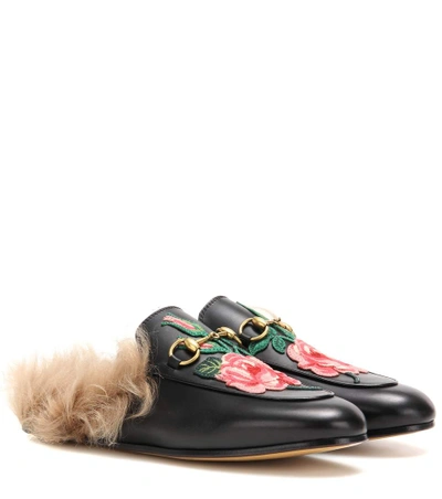 Gucci Princetown Fur-lined Leather Slippers In Black