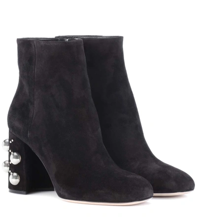 Miu Miu Embellished Suede Ankle Boots In Nero