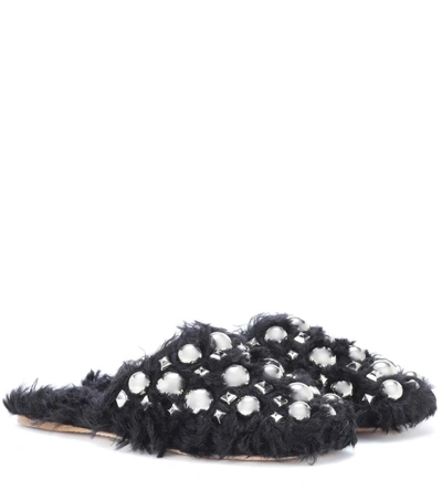 Miu Miu Embellished Faux-fur Slippers In Black