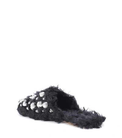 Shop Miu Miu Embellished Faux-fur Slippers In Black