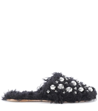 Shop Miu Miu Embellished Faux-fur Slippers In Black