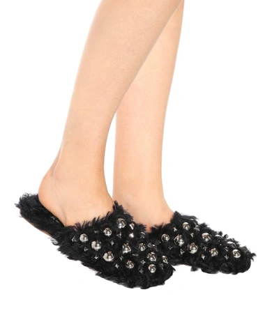 Shop Miu Miu Embellished Faux-fur Slippers In Black