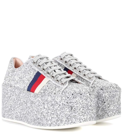 Gucci Glittered Leather Platform Sneakers In Silver