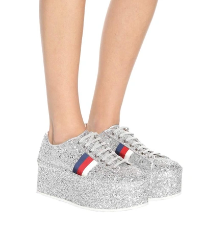 Shop Gucci Glitter Platform Sneakers In Silver