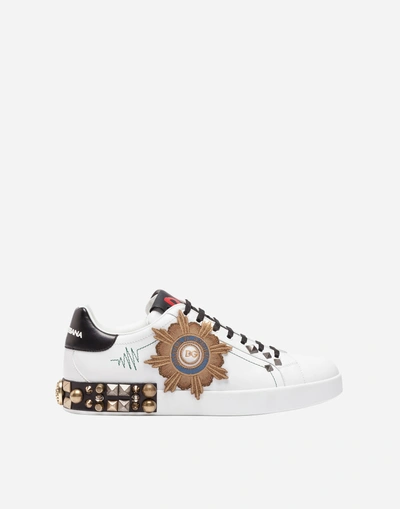 Dolce & Gabbana Leather Sneakers With Appliqué In Multicolor