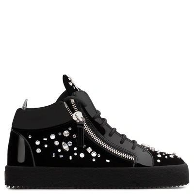 Shop Giuseppe Zanotti - Black Velvet Mid-top Sneaker With Crystals The Dazzling Kriss