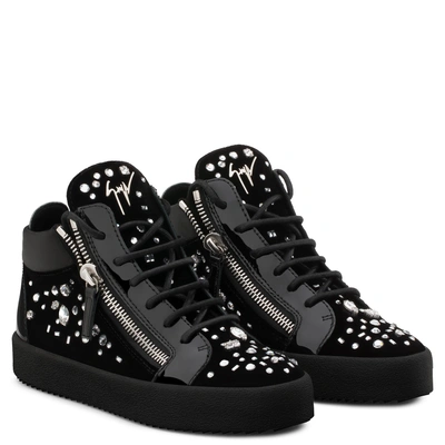 Shop Giuseppe Zanotti - Black Velvet Mid-top Sneaker With Crystals The Dazzling Kriss