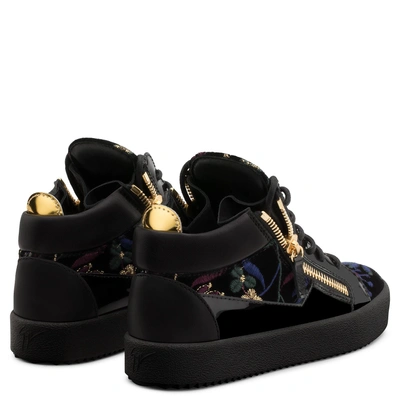 Shop Giuseppe Zanotti - Black Velvet Upper With Embroidered Flowers Mid-top Sneaker Kriss