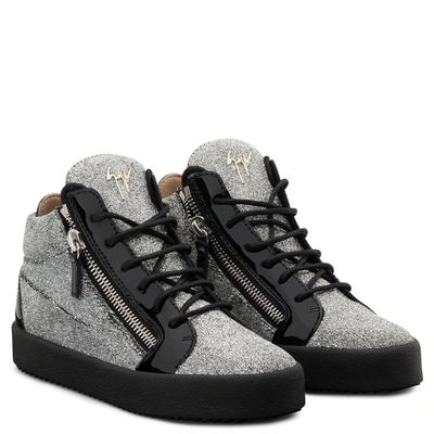 Shop Giuseppe Zanotti - Silver Fabric Mid-top Sneaker With Glitter Finishing Kriss