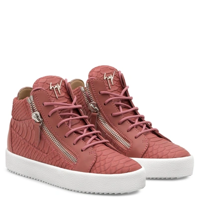 Shop Giuseppe Zanotti - Pink Python-embossed Calfskin Mid-top Sneakers Kriss