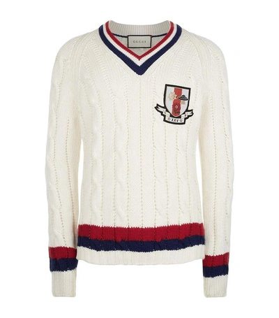 Shop Gucci Crest Cable Knit Sweater In White