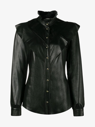 Shop Skiim Alice Ruffle Neck Leather Blouse In Black