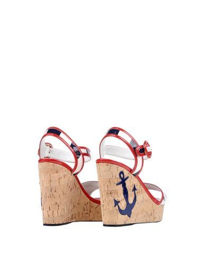 Dolce & Gabbana Woman Appliquéd Striped Faux Patent-leather And Cork Wedge Sandals White In Dark Blue