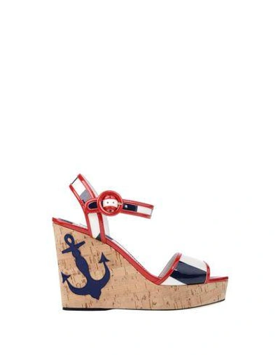 Dolce & Gabbana Woman Appliquéd Striped Faux Patent-leather And Cork Wedge Sandals White In Dark Blue