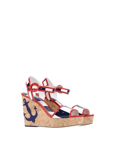 Dolce & Gabbana Woman Appliquéd Striped Faux Patent-leather And Cork Wedge Sandals White In Dark Blue
