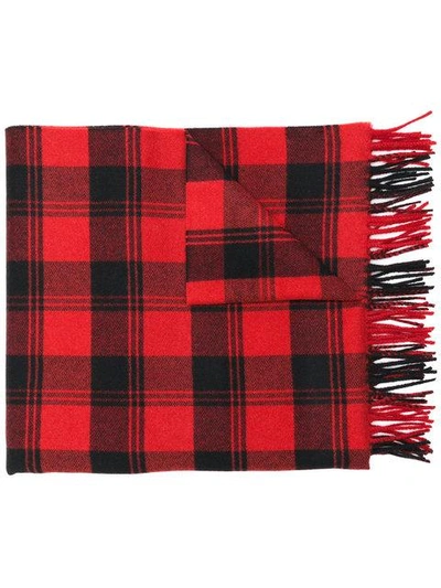 Shop Saint Laurent Checked Fringed Scarf - Red