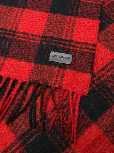 Shop Saint Laurent Checked Fringed Scarf - Red