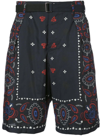 Shop Sacai Paisley Print Belted Shorts