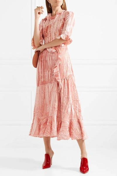 Shop Rejina Pyo Alina Ruffle-trimmed Crushed-velvet Midi Dress In Antique Rose