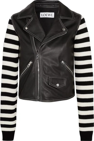 Shop Loewe Leather And Striped Cotton-blend Biker Jacket